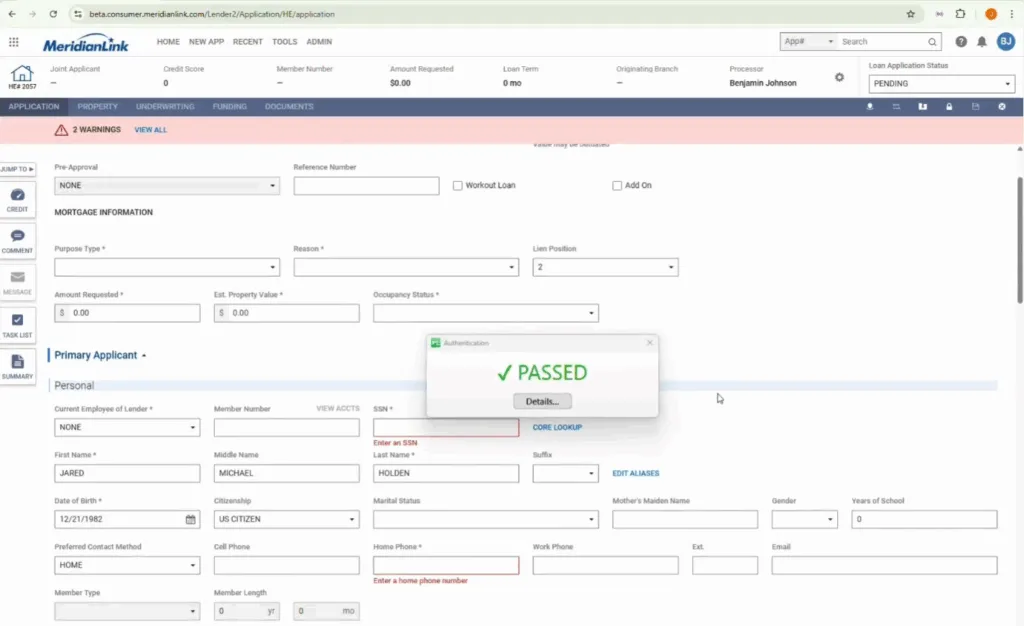 MeridianLink dashboard showing passed ID authentication